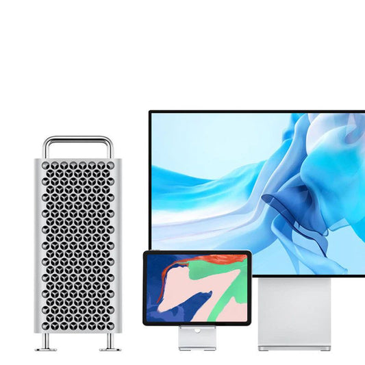 High-performance computer system with a monitor displaying abstract art on a white background