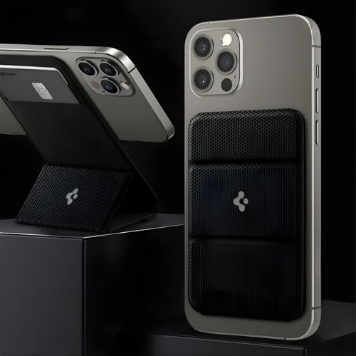 Phone case with multiple pockets and a stand feature on a black background