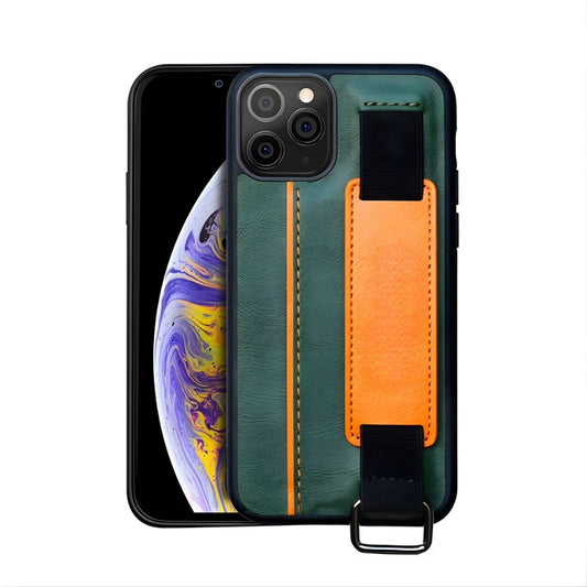 Phone case with green back and orange accent on a white background