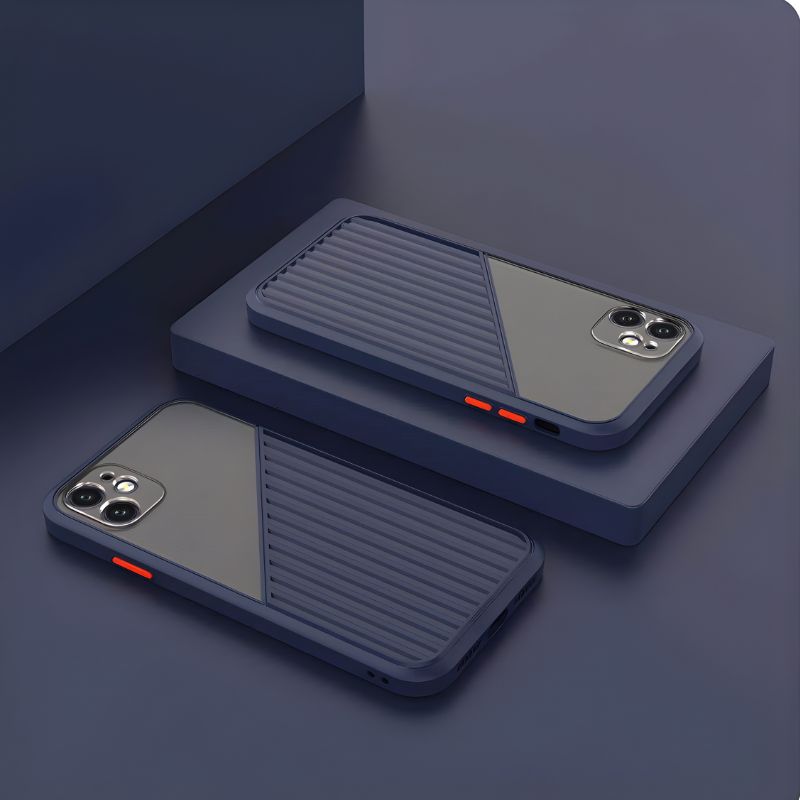 Two phone cases with a geometric design on a dark blue background