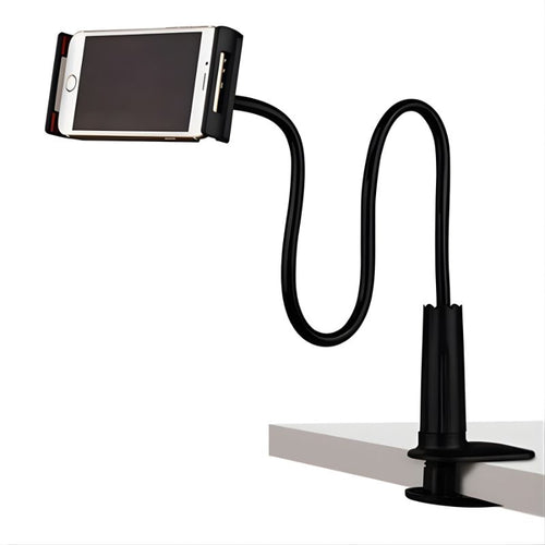 Black flexible phone holder with smartphone on a white background